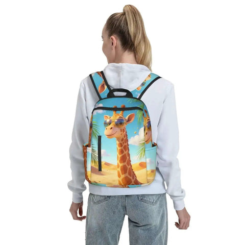 Cool Giraffe Desert Print Sunglasses Dual-Shoulder Backpack, lightweight laptop daypack worn by person, polyester canvas