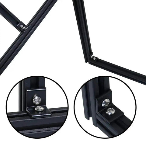 2 Hole Black 90 Degree Inside Corner Bracket Kit for 2020 Aluminum Extrusion with T Nuts and Hex Screws, installed on frame