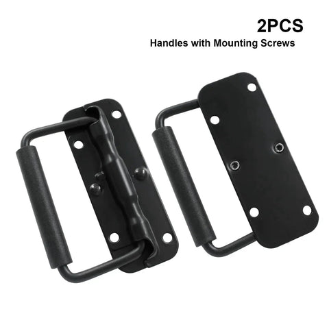 Spring Loaded Chest Handle Set Two Piece Black Stainless Steel Surface Mount Folding Handles With Rubber Grip and Mounting Screws