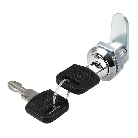Drawer Cam Lock For Cabinets And Drawers, 0.69 Inch Diameter Cylinder, Five Eighths Inch Length, Fits Panels Up To Three Eighths Inch, Zinc Alloy Chrome Plated, Keyed Different, 2 Pack, Easy Install, Durable Metal Lock. Close-up of lock with key.