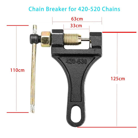 Built Tough Chain Breaker Tool For 420 428 520 525 528 530 Roller Chains, black molybdenum steel, labeled sizes visible