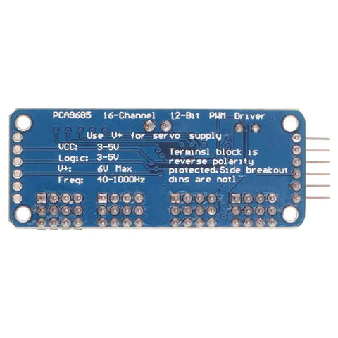 PCA9685 16 Channel 12-Bit PWM Servo Driver I2C Module for Arduino Robots back view with pin details, 5V-10V DC power, for LEDs and servos.