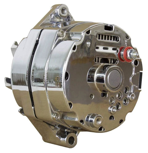 Chrome High Output 200 Amp One Wire Alternator For Hot Rods And Classic Chevy Holden SBC BBC V8 Engines Self Exciting Voltage Regulator Custom Billet Aluminum Pulley Fan 14 Volt 200A Power Upgrade showing chrome finish and connections