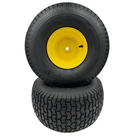 Set Of Two 20x10.00-8 Lawn Mower Wheels With Tire And Rim On Three Quarter Inch Axle Hub, Yellow Rim, Four Ply Tire, Ready To Roll