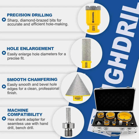 Diamond Drill Bits Kit With 5/8-11 Thread For Porcelain Tile Ceramic Marble Brick Concrete Vacuum Brazed Hole Saw Set shown with bits and case