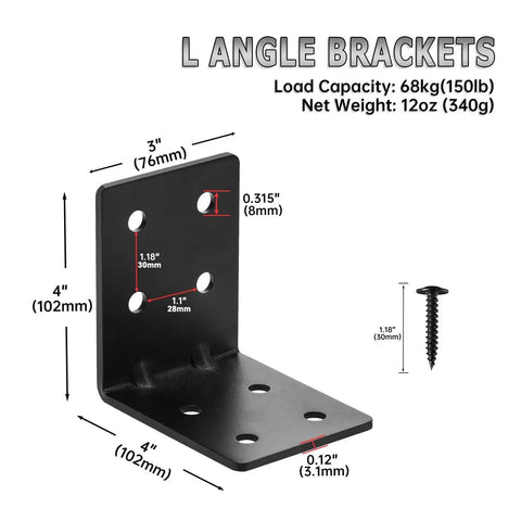 Heavy Duty Steel Corner Brackets 4x4x3 Inch 90 Degree Right Angle Shelf Brackets with dimensions and screw, for DIY projects.