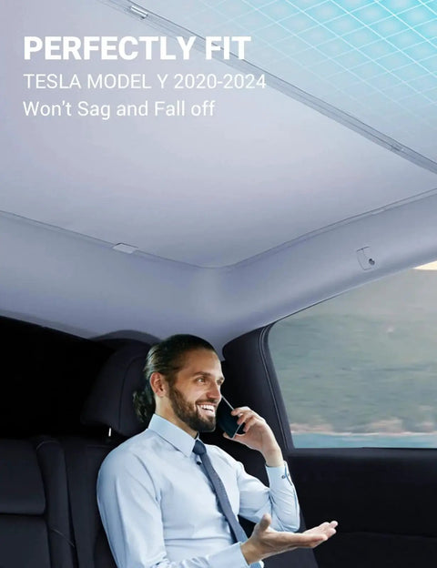 Interior view showing Tesla Model Y Glass Roof Sunshade With Nano Ice Coating No Gap No Sag installed and well-fitted.