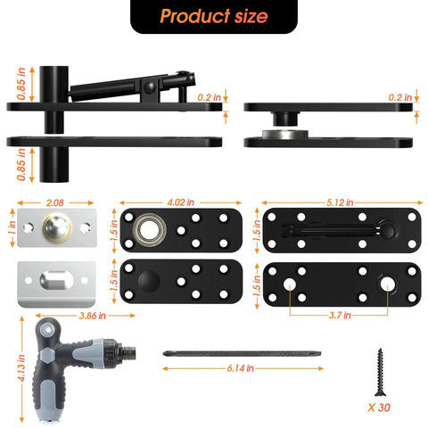 Product mechanical diagram of Hidden Door Pivot Hinge System For Bookshelf And Secret Doors With 360 Degree Rotation, Built Tough Heavy Duty Stainless Steel Black Pivot Hinge, Rustproof Durable Wood Door Hardware By Aglehome.
