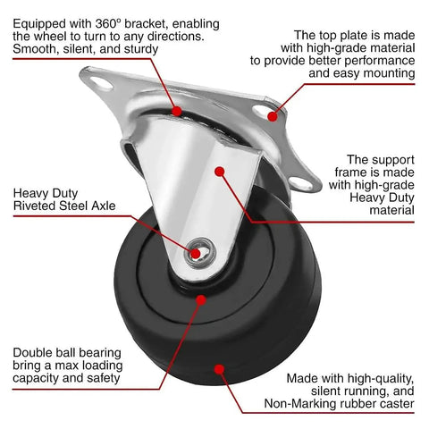 12 Pack 2 Inch Swivel Caster Wheels with Plate Mount, Rubber Base, Ball Bearings, Heavy Duty, for Carts and Equipment