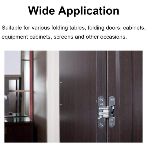 Hidden Door Hinge 6 Pack Stainless Steel Cross Hinges 180 Degree Invisible Gate Hinge shown installed on a cabinet