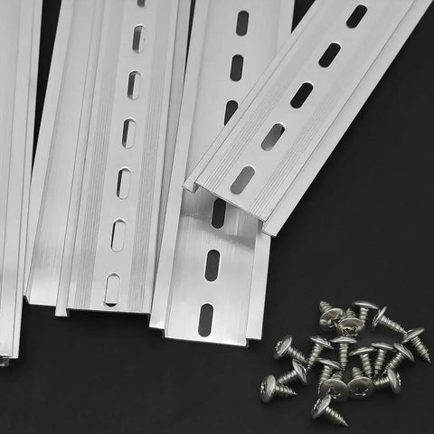 10 Pack 8 Inch Aluminum DIN Rails Top Hat Slotted For Hardware Mounting, 7.5 mm Height By 35 mm Width By 200 mm Length, Includes 20 MXU-DIN-100 Screws
