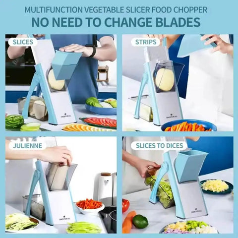 5 In 1 Mandoline Slicer For Safe Precise Slicing And No Fuss Quick Meal Prep With Adjustable Thickness From 0.1 To 8 Millimeters Julienne Dicer Detachable Blades Non Slip Base And Ergonomic Handle shown slicing vegetables.