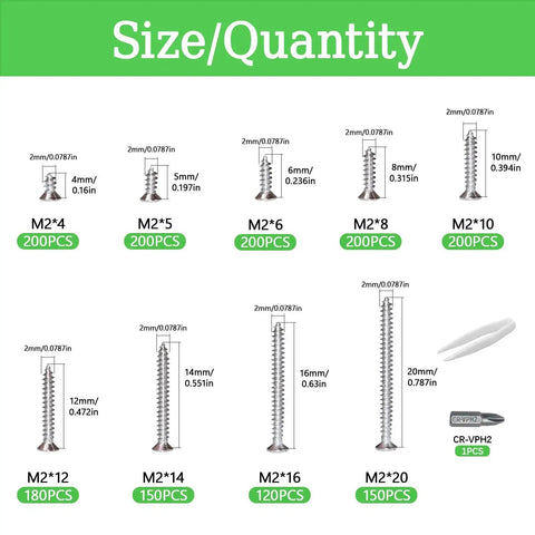 Wood Screw Kit With 1600 Pcs Assortment Nine Sizes From M2x4 To M2x20 Phillips Flat Head Self Tapping Screws chart