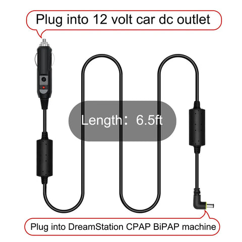 12V DC Power Cord For DreamStation CPAP BiPAP Car Charger Cable, 6.5 ft length, with 12 volt car dc outlet and CPAP machine plug
