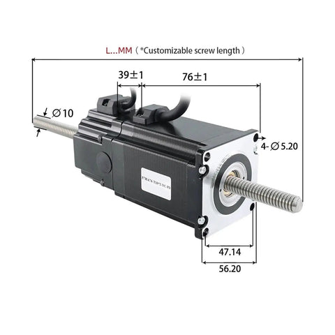 NEMA23 through-screw motor with black body and silver flange, threaded lead screws extending left and right, top cables