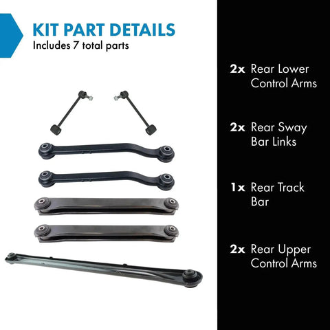 TRQ rear suspension kit with 2 lower and 2 upper control arms, 2 sway bar links, 1 rear track bar; black metal