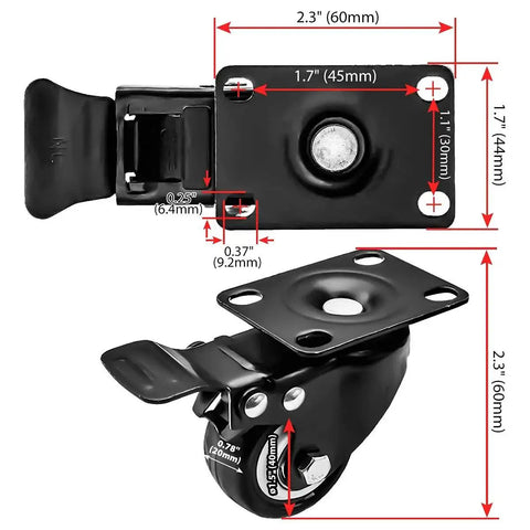 Swivel Caster Wheels With Rubber Base And Top Plate Bearing Heavy Duty Total Lock Brake Pack Of 4 with dimensions shown