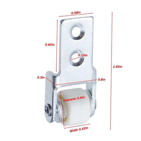 Close-up of 4 Pack Sliding Door Roller Wheels 0.6 Inch Track Guide showing zinc-plated mounting plate and nylon wheel.