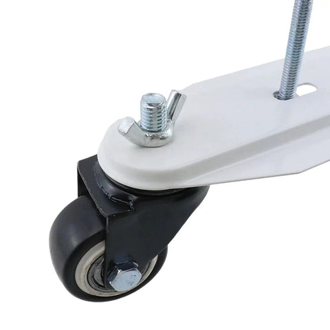 Close-up of 2-Pack Mobile Pulley Holders For Oil Filled Radiator, iron construction with 360 degree swivel wheels and butterfly nut installation.