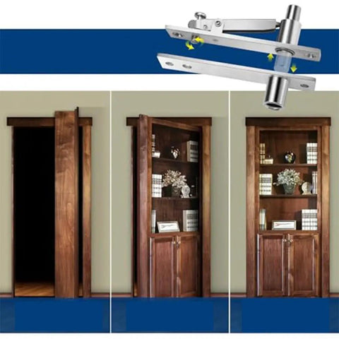 Heavy Duty 360 Degree Rotating Stainless Steel Pivot Hinges For Secret Bookshelf Doors With Concealed Floor And Ceiling Install Invisible Pivot Hidden Bookcase Access Built To Last For Smooth Quiet High Load Performance installed on wooden bookshelf doors