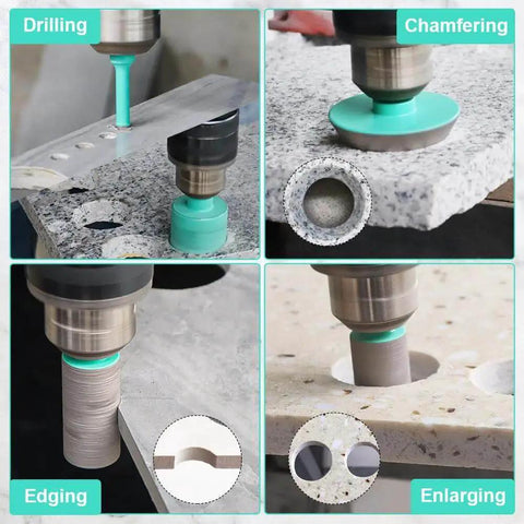Your Go To Tile Hole Saw Kit With Diamond Core Drill Bits for porcelain, ceramic, and concrete, shown drilling, chamfering, edging, enlarging.