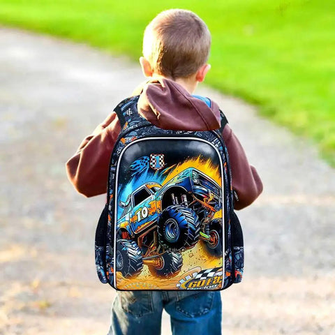 Child wearing backpack with truck design outdoors, featuring Five Piece Kids Suitcase Set For Boys 18 Inch Truck Themed Carry On Luggage