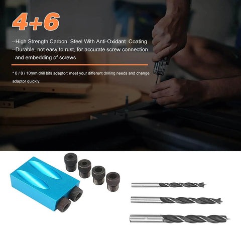 Person using Pro Grade Pocket Hole Jig Kit With 15 Degree Dowel Drill Set And 6mm 8mm 10mm Drive Adapters For Woodworking