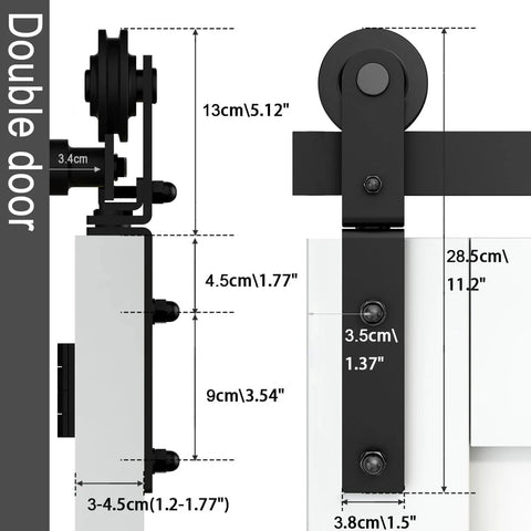 Side view of 7 Foot Bi Fold Barn Door Hardware Kit For Four Doors Track System showing dimensions and side-mounted hanger mechanism.
