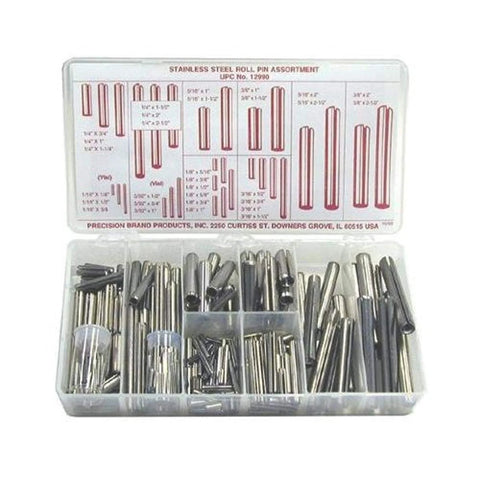 300 Piece Stainless Steel Slotted Spring Pin All In One Assortment In Inch Sizes With Case, Chamfered Ends For Easy Insertion