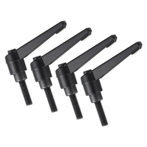 Four Clamping Lever Handles M6 X 20mm Black Oxide Steel Quick Release Push Button in a row