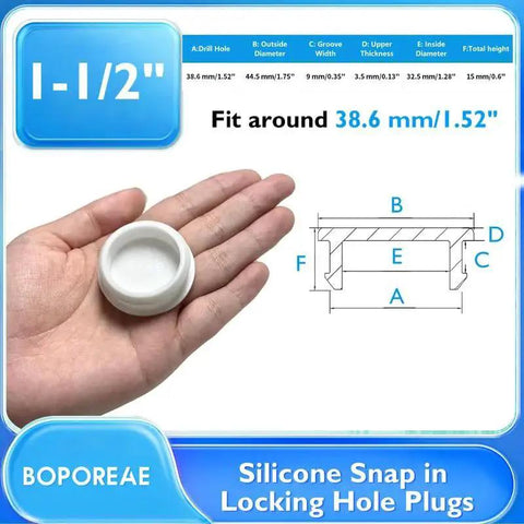 Hand holding a 8 Pack Silicone Hole Plugs Locking End Caps For 1-1/2 Inch Holes Waterproof with diagram and measurements