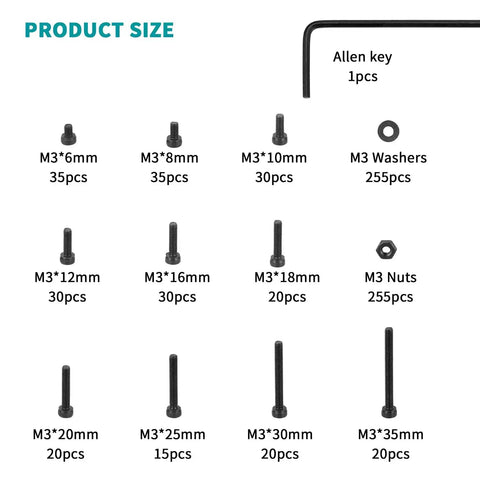 Image showing product size chart for 765 Piece M3 Screws Bolts Nuts Assortment Kit With Washers Hex Socket Head Cap Screws M3 Set For Diy And Hobby Projects Rc Cars Electronics And Metalwork 12.9 Grade Carbon Steel Rust Resistant And Long Lasting, including screws, nuts, washers, and an Allen key.
