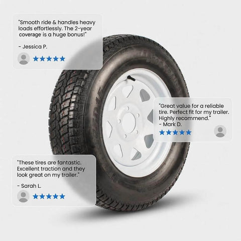Two Pack 15 Inch Trailer Tire And Rim Set ST20575D15 Load Range C With Five Lug Four Point Five Inch Bolt Pattern White Spoke Wheel