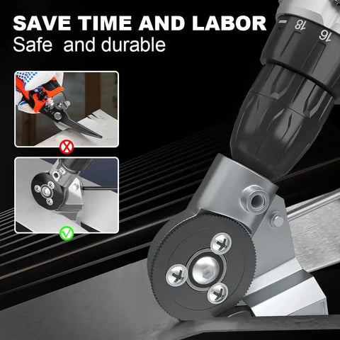 Electric drill sheet metal cutter attachment with circular wheel and clamp, shown installed on a drill.