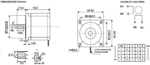 Technical diagram of Nema 34 Stepper Motor 156mm Length With 12Nm Holding Torque For CNC Router Mill Lathe showing dimensions and wire colors.