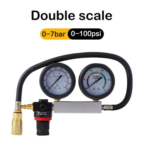 Cylinder Leak Down Tester Kit For Cars, Trucks And Motorcycles With Dual Gauge TU-21 displaying dual scale readings