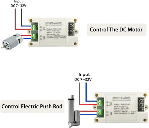 Diagram of WiFi Forward And Reverse Relay Module 10A 7 To 32V DC For Linear Actuators And Motors Tuya And Alexa Compatible with wiring setup.