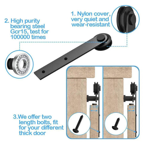 8Ft Small Sliding Barn Door Hardware Kit For Double Doors With Spliced Tracks And Floor Guides Suitable For Grooved Or Non Grooved Doors Ideal For TV Stands Cupboards Storage Cabinets Wardrobes I Shape Hanger No Cabinet, showing nylon cover wheel, bearing steel, and bolts.