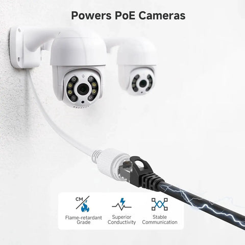 Snagless Cat 6 Ethernet Cable 20ft for gaming PCs, routers, 10Gbps, black, connecting PoE security cameras on wall