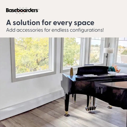 Galvanized Steel Premium Tall 7 ft Heat Cover Replacement Panel for Hydronic Baseboard Heaters installed in modern living room