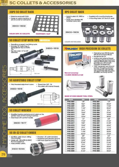 Various 5C collets and accessories for machine tools, including collet racks, collet stops, wrenches, and high precision collets.