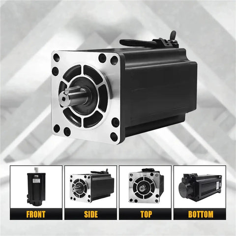 Front view of NEMA 42 3-phase closed-loop servo motor with silver mounting flange and black housing.