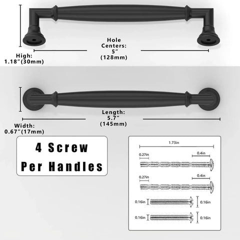 Matte Black Cabinet Pulls 10 Pack 5 Inch 128mm Solid Zinc Alloy Kitchen Cabinet Handles with dimensions and screws