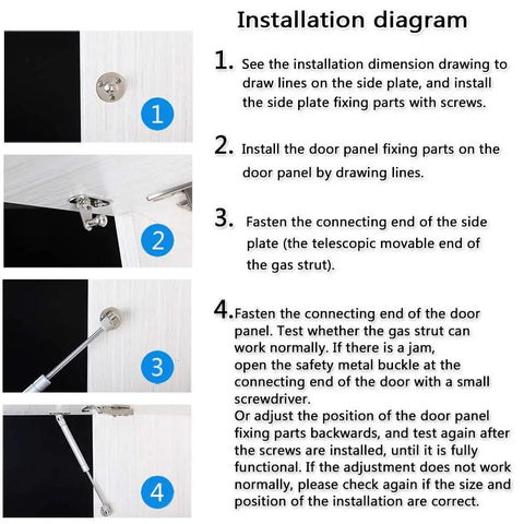 Installation diagram for Soft Close Cabinet Hinges With Gas Spring Lid Support For Kitchen Cabinets Hydraulic Lift Set Of 2