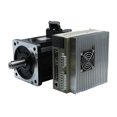 AC servo motor and matched driver module; metal housing with cooling fins and exposed shaft.