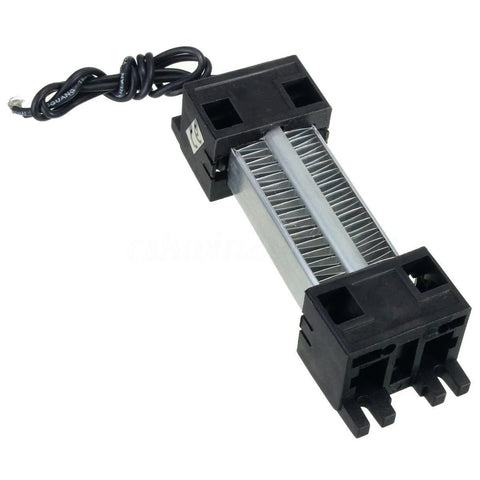PTC ceramic air heater module with finned metal block, black end housings and power cord.