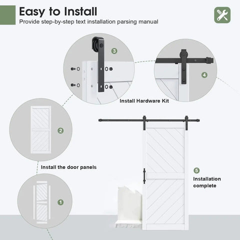 36 Inch By 84 Inch Sliding Barn Door With Six Point Six Foot Hardware Kit And Handle Included Solid MDF Wood Slab Covered With Water Proof And Scratch Resistant PVC Surface Simple Do It Yourself Assembly Chevron Pattern installation guide