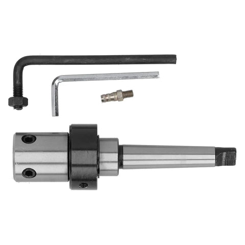 Morse MT2 tool holder with Weldon shaft, silver and black; includes two L-shaped Allen wrenches and a small adapter