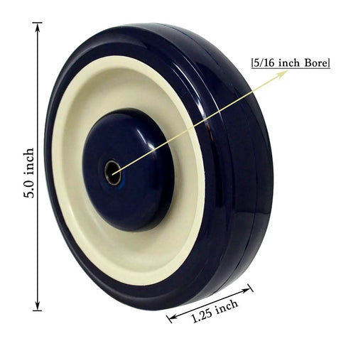 Five Inch Polyurethane Wheel With Five Sixteenth Inch Bore For Shopping Carts Navy Beige Color 1400 Lbs Load Capacity Dual