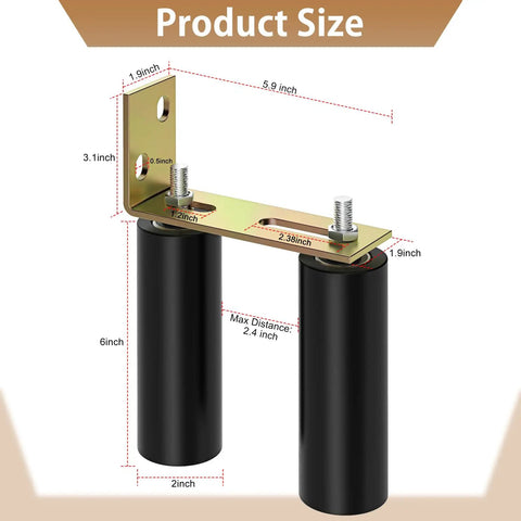 2 Pack 6 Inch Slide Gate Guide Roller With L Bracket Universal Sliding Gate Rollers Adjustable Fit For Sliding Gates Doors And Garage Doors Galvanized Steel Weather Resistant Rust Proof Hardware Kit shown with dimensions.
